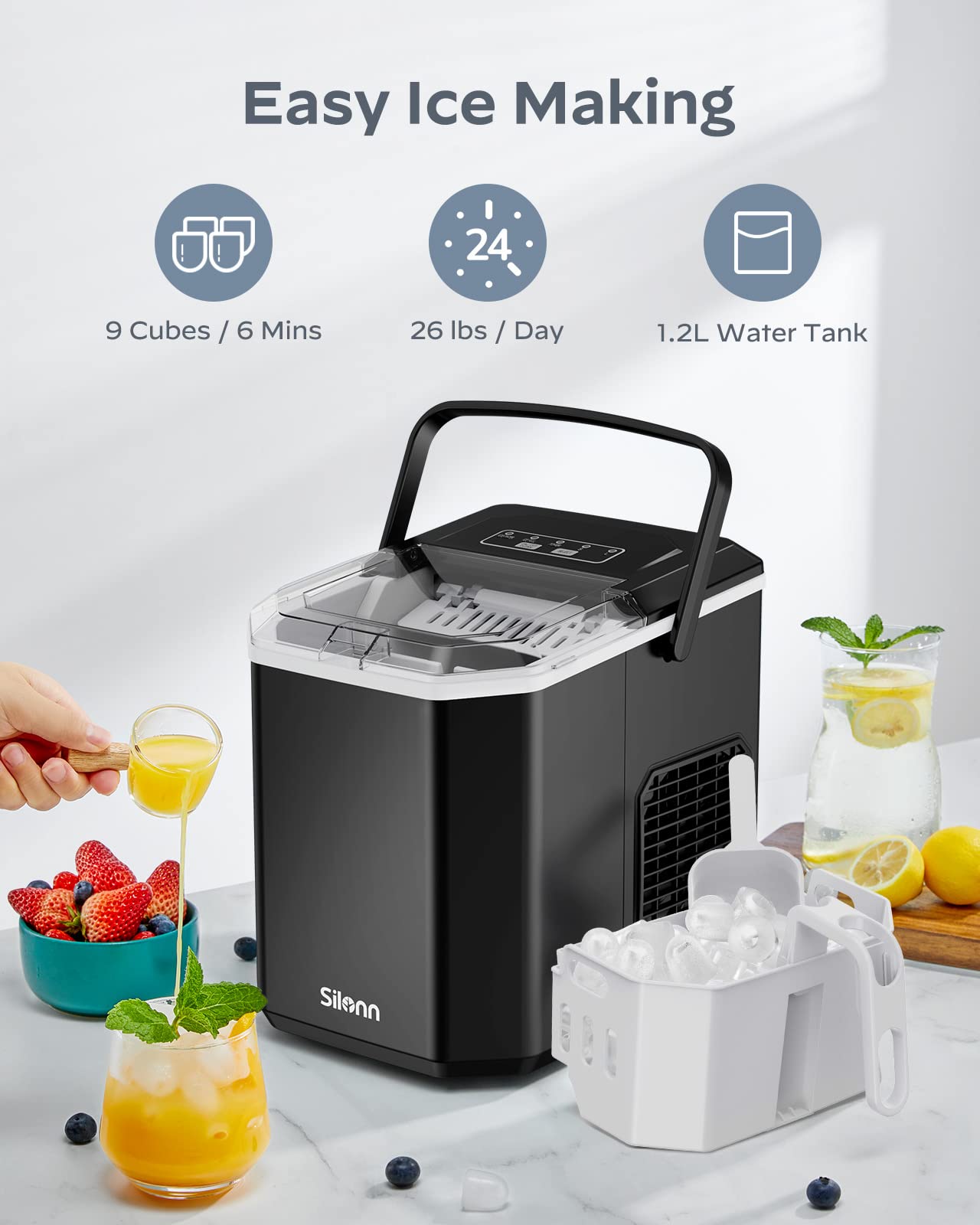 Eiswürfelmaschine Tragbar & Selbstreinigend – Mini Ice Maker mit Griff & Korb, 9 Eiswürfel in 6 Min., bis 12 kg pro Tag ✅